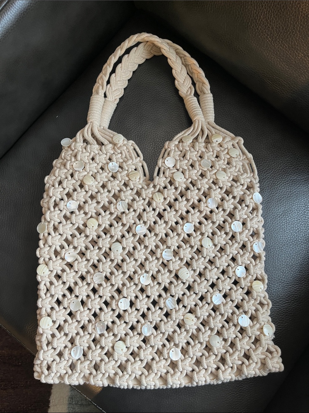 J. Crew Beige Macramé Tote with Shell Disc Accents